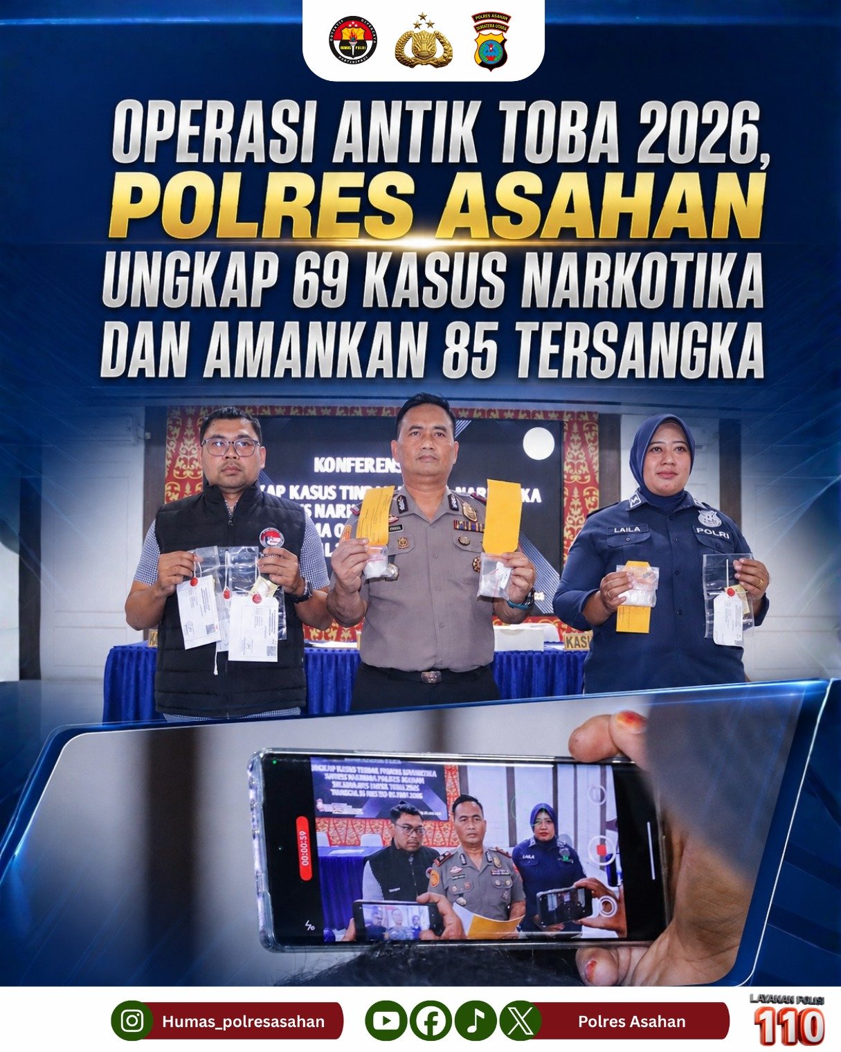 Ops Antik Toba 2026, Polres Asahan Ungkap 69 Kasus Narkotika dan Amankan 85 Tersangka